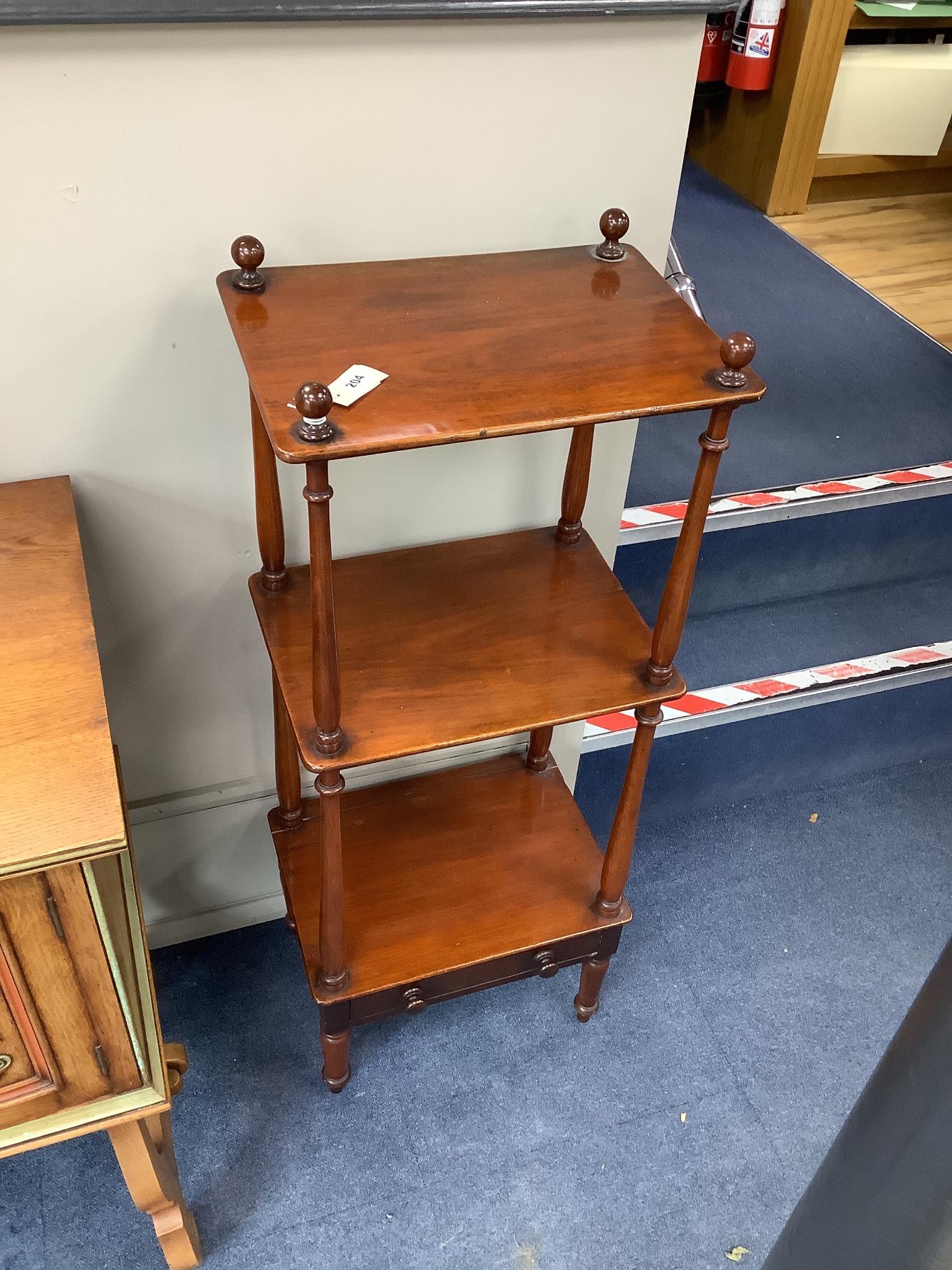 A Victorian mahogany three tier whatnot, width 45cm, depth 33cm, height 118cm